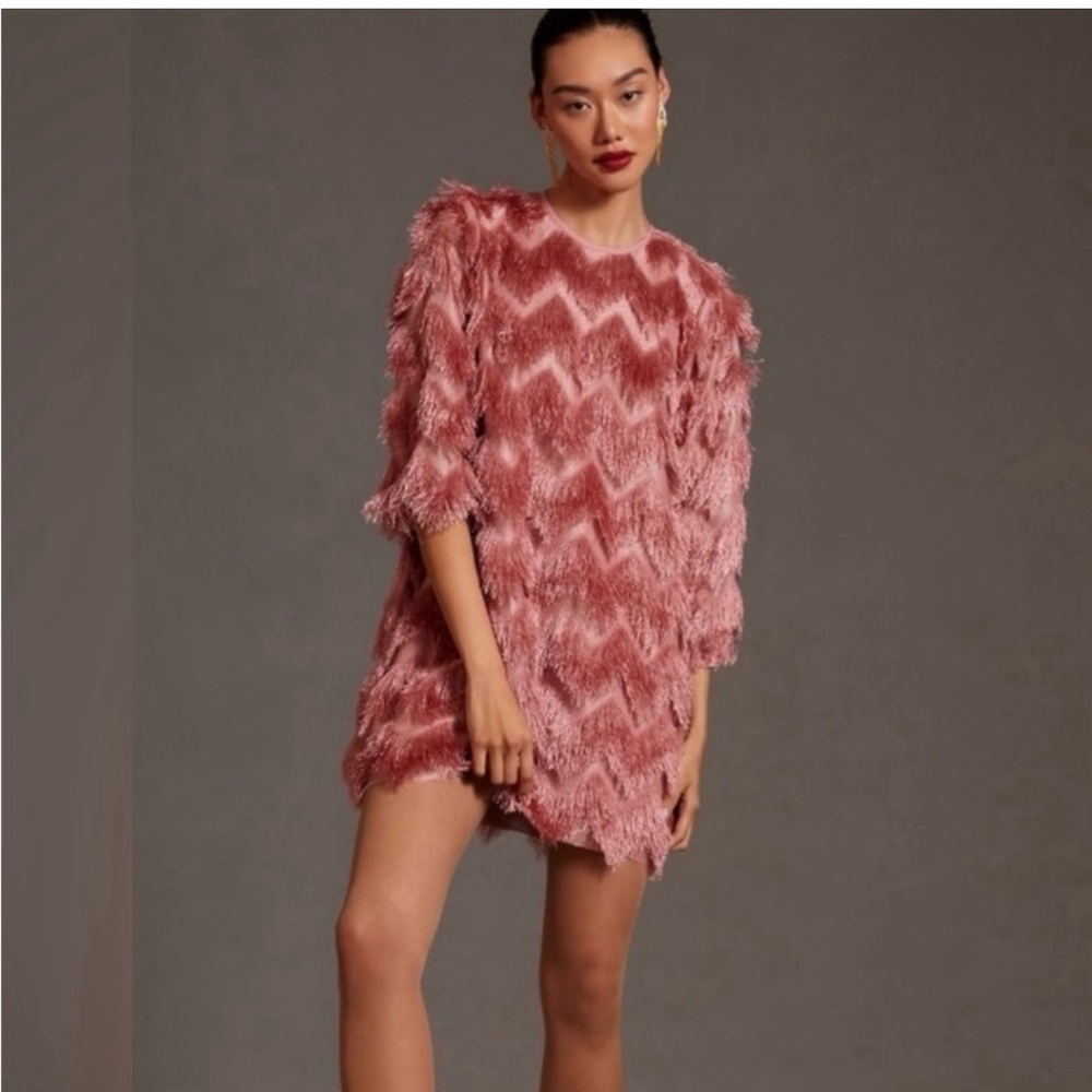 Anthropologie Hutch Fringed Chevron Pink Mini Dress